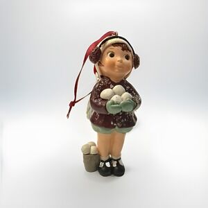 Vintage Christmas Hanging Figurine Ornament Winter Girl w/ Snowballs